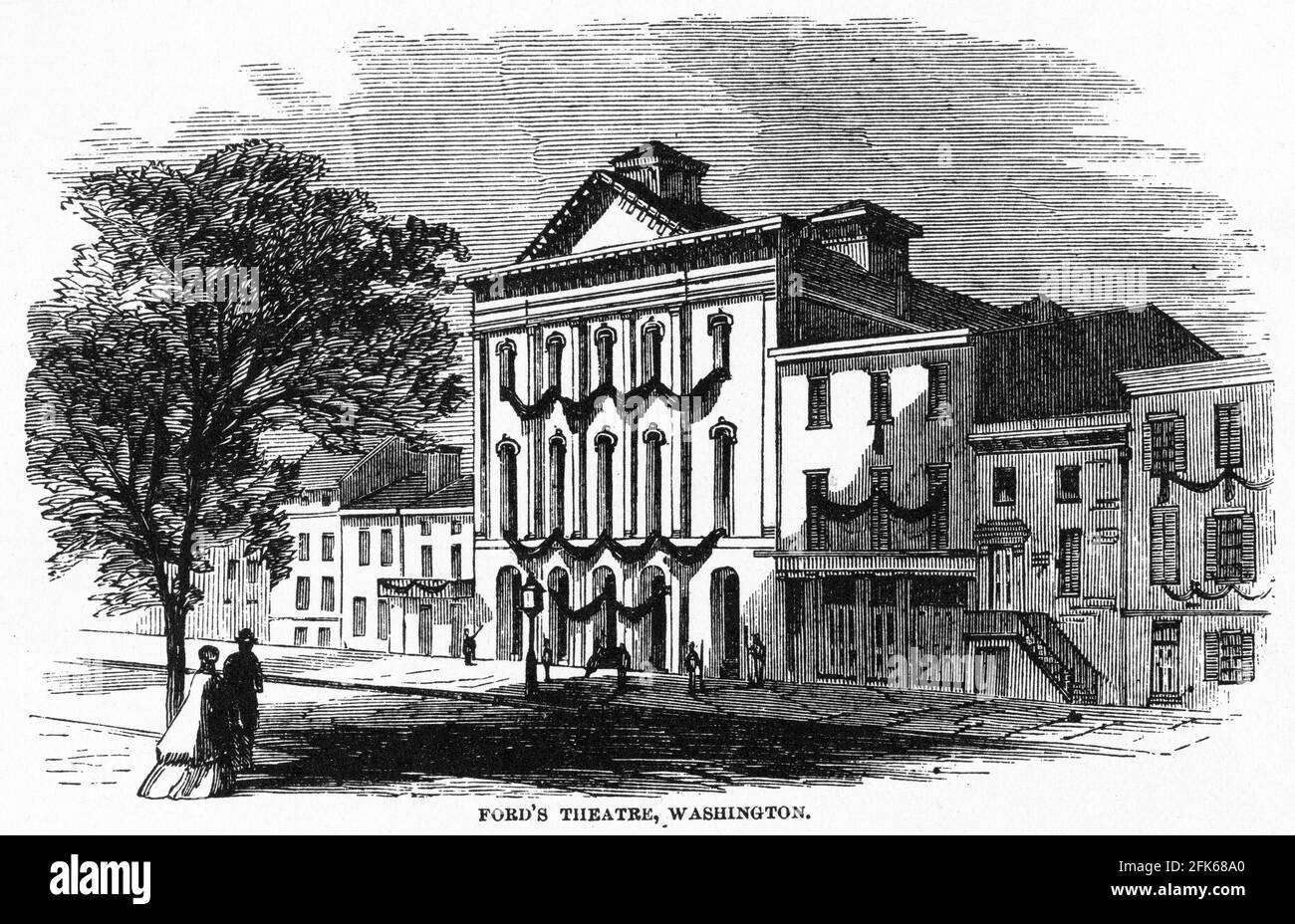 Gravur von Ford's Theatre, Washington, Szene des Mordes an Lincoln Stockfoto