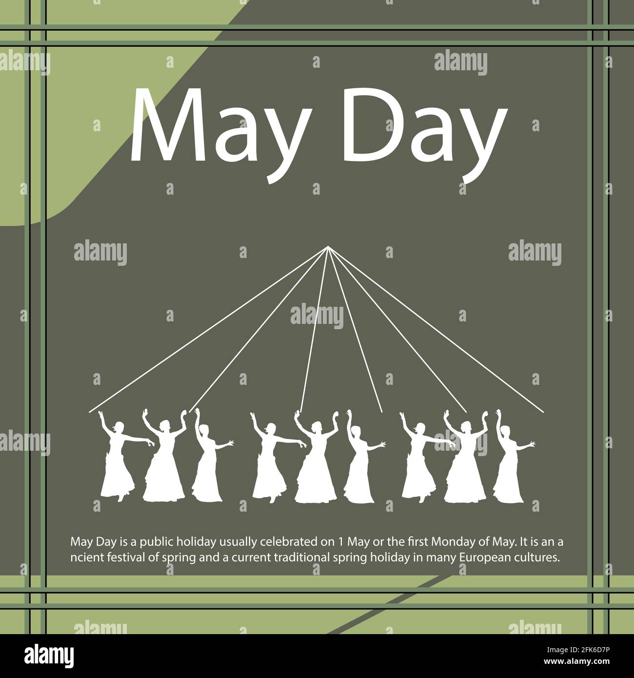 Der Maifeiertag ist ein Feiertag, der normalerweise am 1. Mai oder am ersten Montag im Mai gefeiert wird. Es ist ein altes Frühlingsfest und ein aktuelles traditionelles Spri Stock Vektor