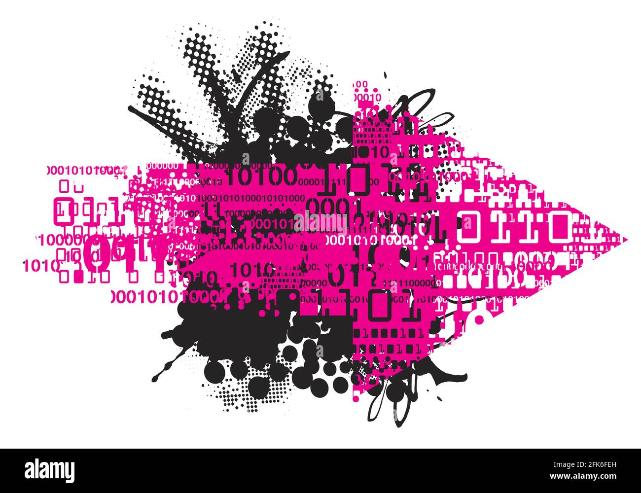 Grunge-Pfeil, Binärcodes. Rosa Grunge Pfeil mit binären Codes auf expressivem schwarzem Hintergrund.Vektor verfügbar. Stock Vektor