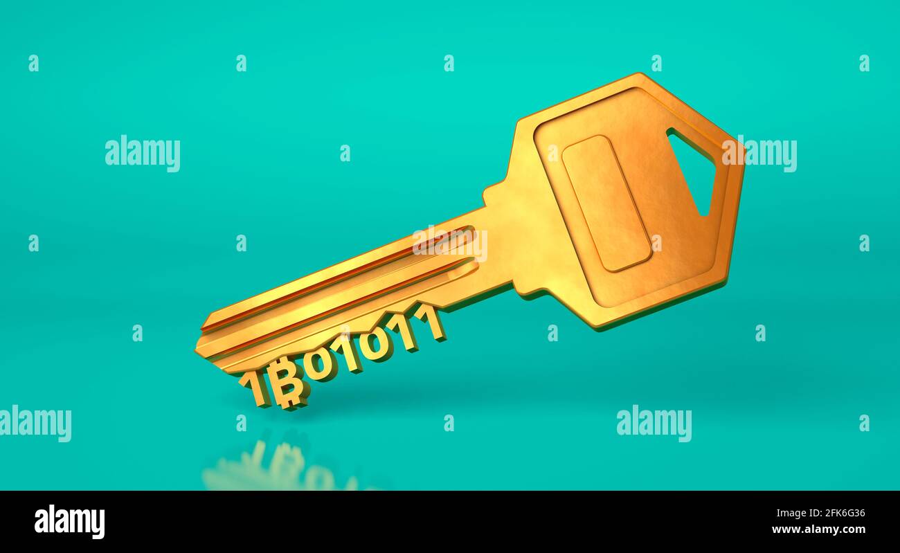 Bitcoin-Schlüssel. Goldener Schlüssel aus Kryptowährung auf grünem  Hintergrund. 3d-Rendering Stockfotografie - Alamy
