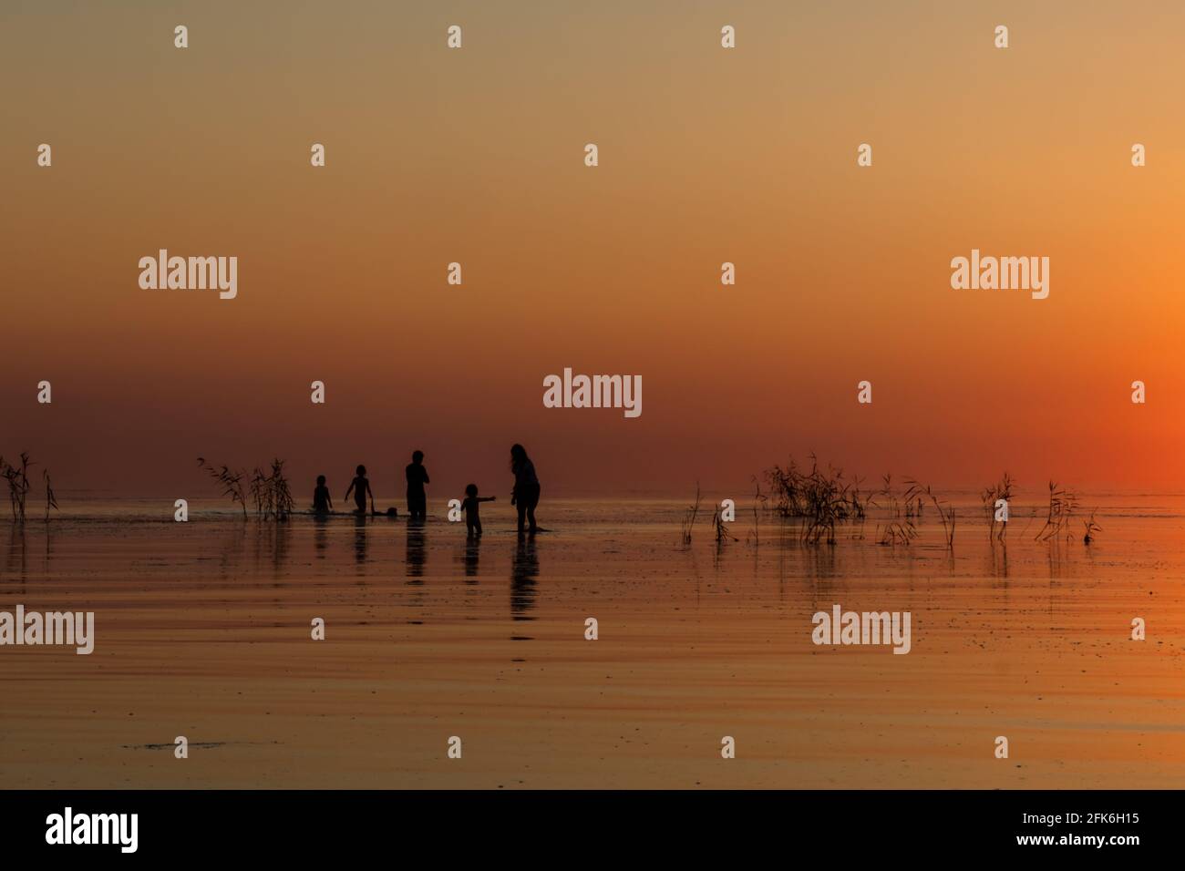Silhouette einer großen Familie, die bei Sonnenuntergang auf dem See spazierengeht. Konzept des Reisens Familie und genießen Sie die Natur und die Natur. Stockfoto