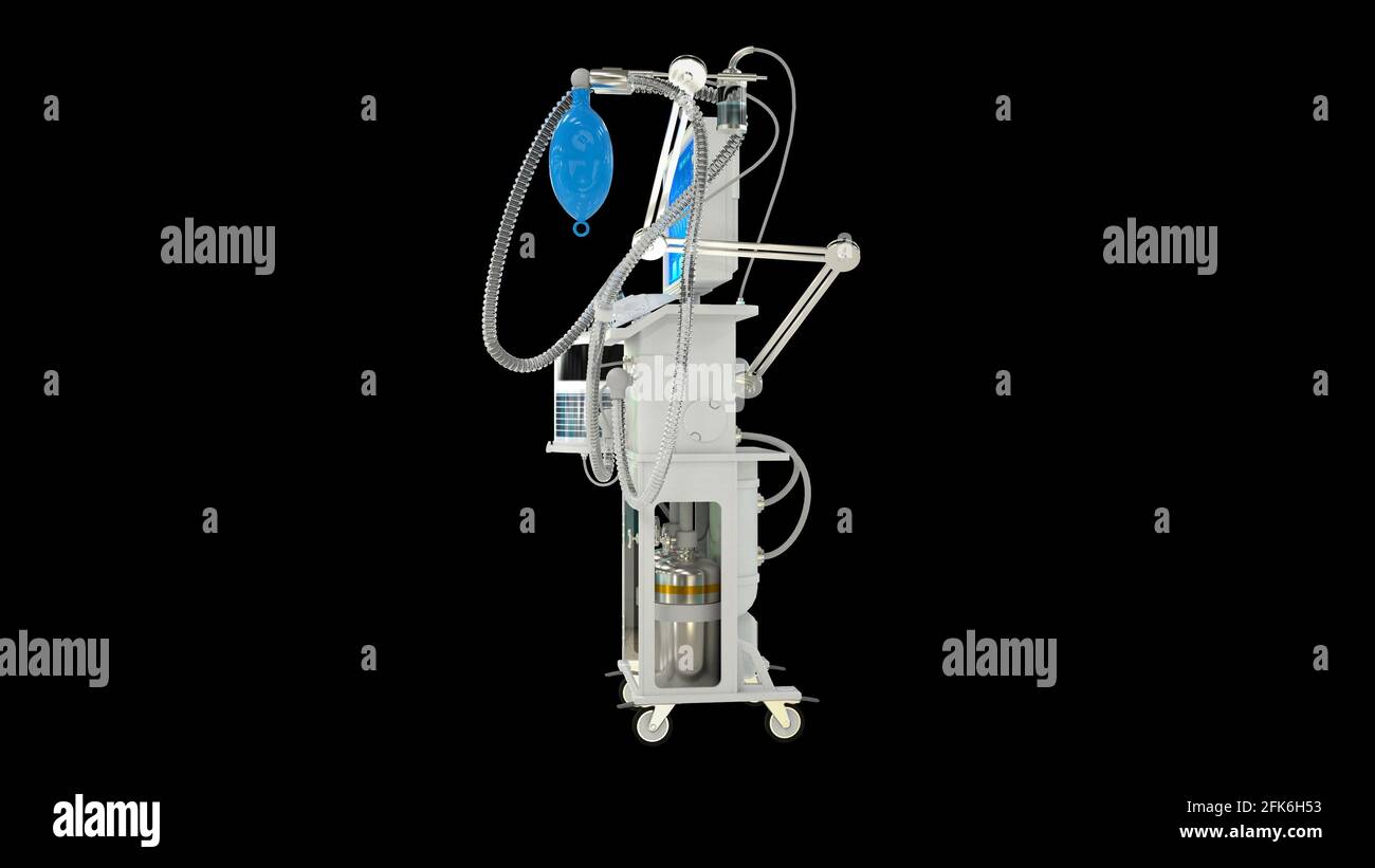 ITS-Lungenventilator 3d-Rendering isoliert auf schwarzer 3D-Illustration für das Gesundheitswesen Stockfoto