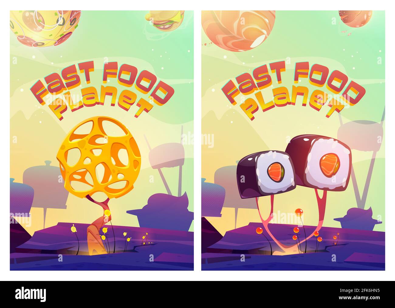 Fastfood-Planetenposter mit Fantasielandschaft mit Sushi- und Käsebäumen, Pizza und Hamburger-Planeten am Himmel. Vektor Cartoon Flyer von Restaurant, Menü-Cover oder Arcade-Spiel Banner Stock Vektor