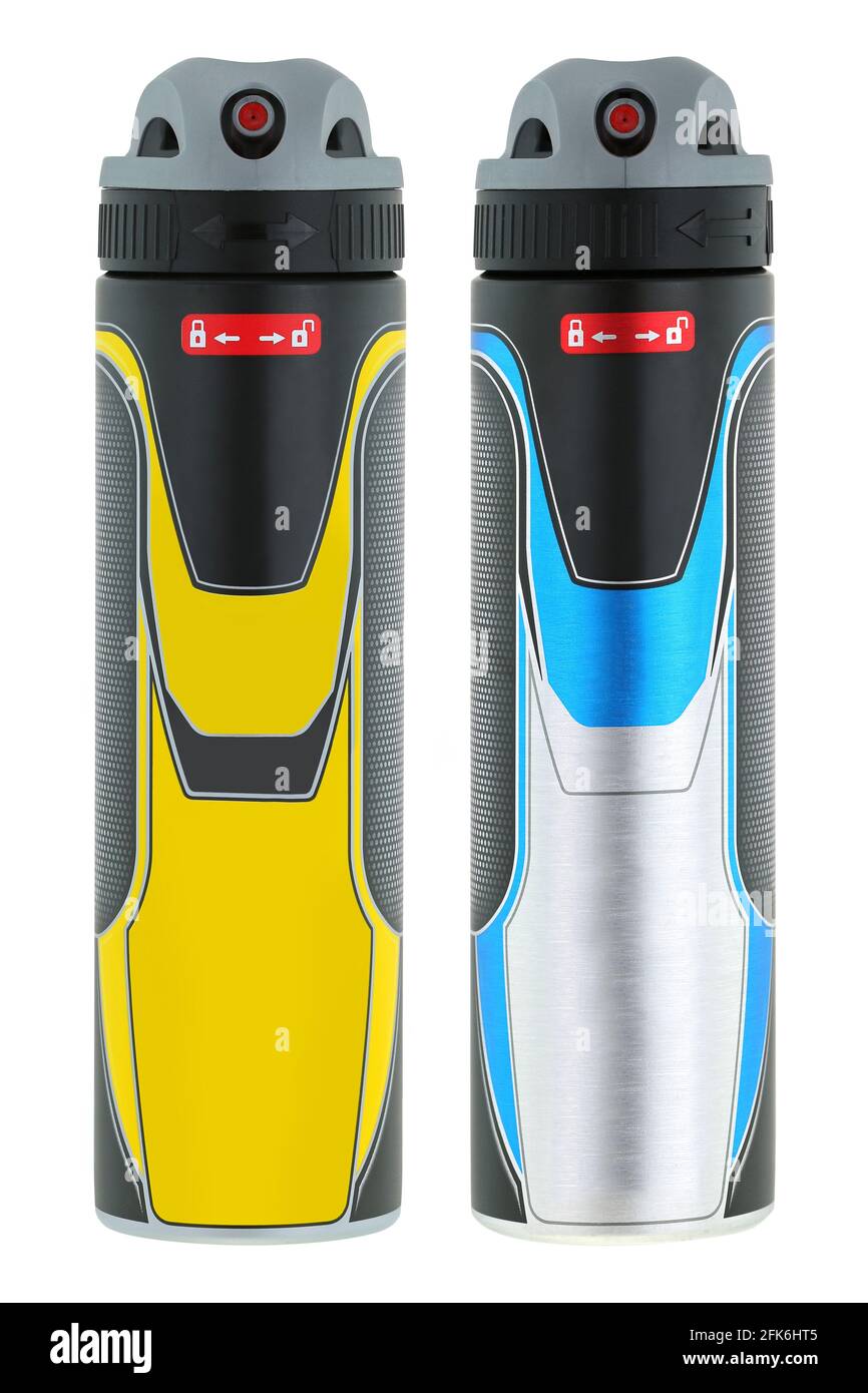 Zwei Flaschen Körperspray Antitranspirant Deodorant Aerosol für Männer Achselhöhlen-Geruch und Schwitzen isoliert auf weißem Hintergrund Stockfoto