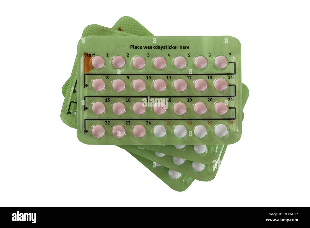 Stapel von Geburtenkontrolle-Pille in 28 Pillenpaketen. Es gibt 24 Hormon-Pillen, 4 Placebo nicht-Hormon-Pillen, isoliert auf weißem Hintergrund Stockfoto