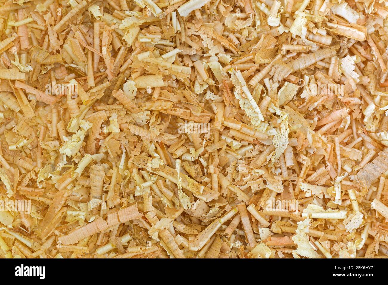 Nahaufnahme Textur von aromatischen Flocken aus Zirbelkiefer, österreichischen Zirbenholzhackschnitzel (Pinus cembra) Stockfoto