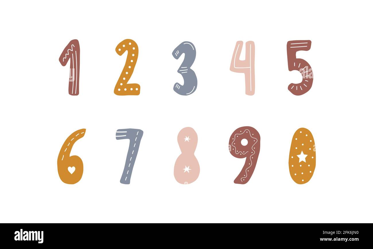 Handgezeichnete Zahlen im Boho-Stil. Niedliche Symbole für Banner, Kinderzimmer-Design, Postkarten. Clipart auf weißem Hintergrund isoliert. Vektordarstellung in Stock Vektor