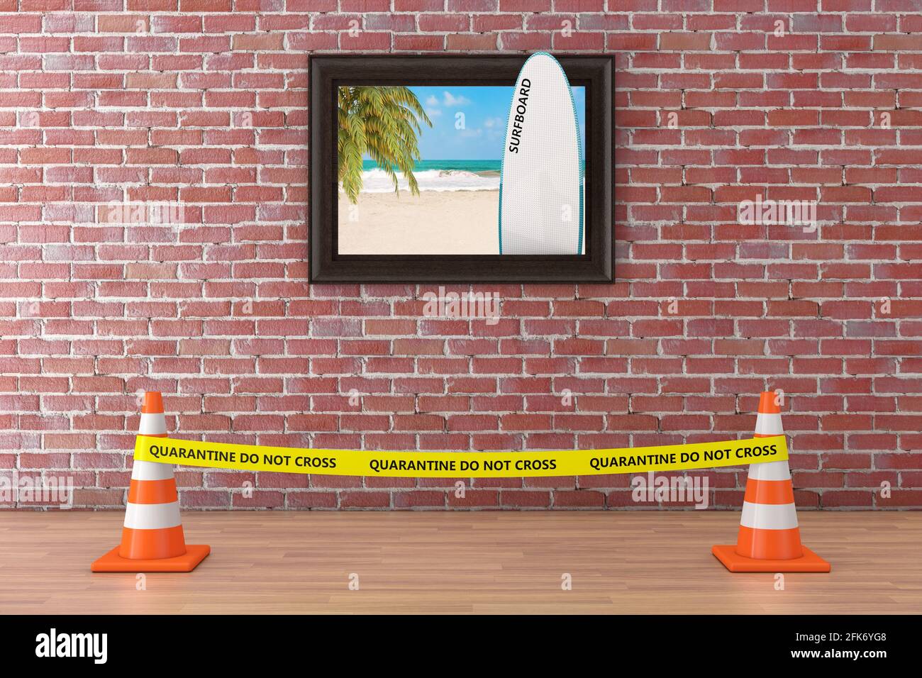 Strand mit Palme und Surfbrett Poster Bilderrahmen, Quarantäne Gelbes Band nicht überqueren Police Line mit Road Cones im Museum auf einer roten Backsteinmauer zurück Stockfoto