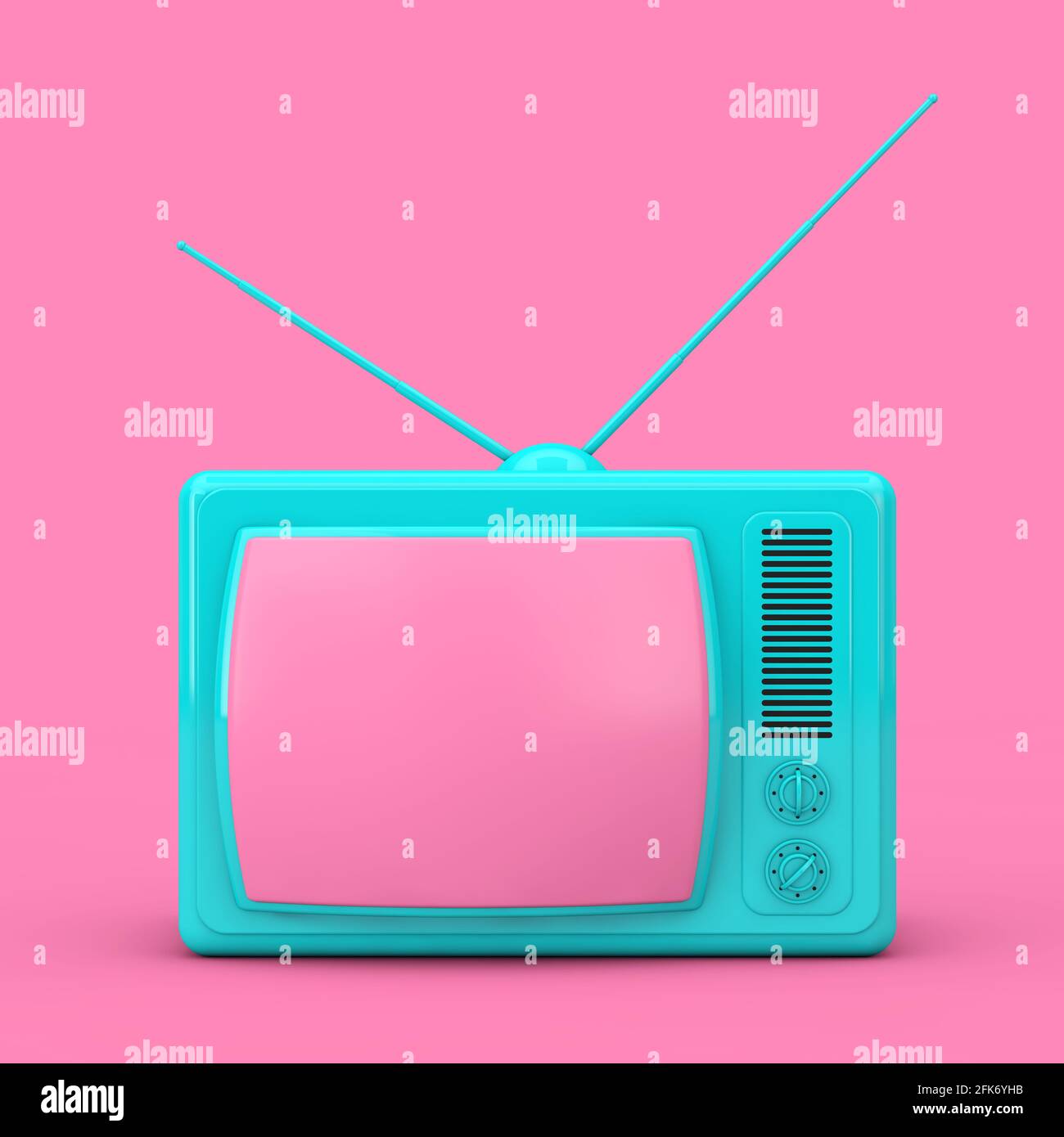 Blue Classic Vintage Fernseher im Duotone-Stil auf rosa Hintergrund. 3d-Rendering Stockfoto