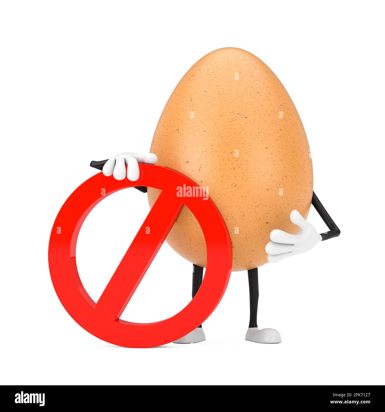 Maskottchen des braunen Hühnereis mit Schriftzeichen und rotem Verbot oder Verbotenem Schild auf weißem Hintergrund. 3d-Rendering Stockfoto