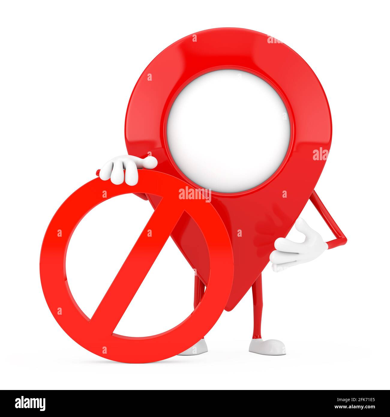 Karte Zeigernadel Personenfigur Maskottchen mit rotem Verbot oder verbotenem Zeichen auf weißem Hintergrund. 3d-Rendering Stockfoto