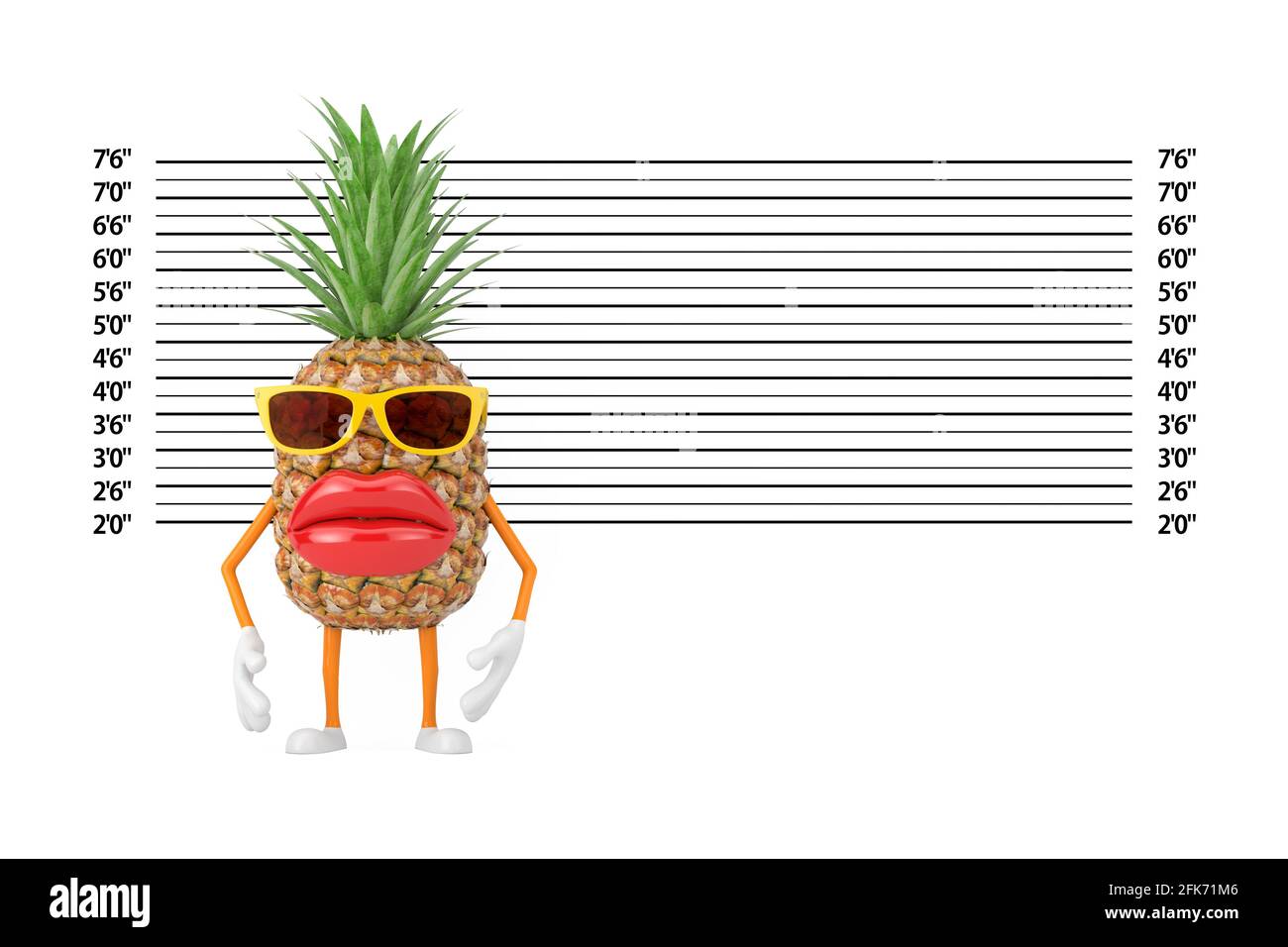 Fun Cartoon Fashion Hipster Schnitt Ananas Person Charakter Maskottchen vor der Polizei-Lineup oder Mugshot Hintergrund extreme Nahaufnahme. 3d-Rendering Stockfoto