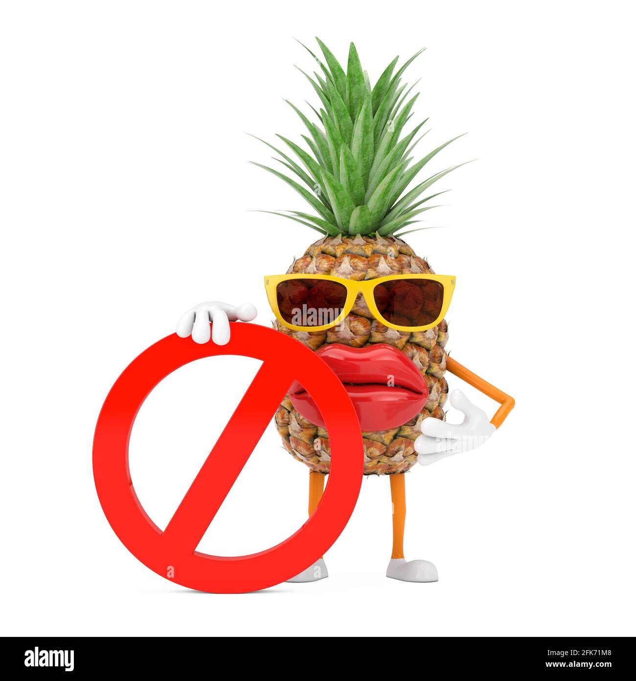 Fun Cartoon Fashion Hipster Schnitt Ananas Person Figur Maskottchen mit rotem Verbot oder Verbotene Zeichen auf einem weißen Hintergrund. 3d-Rendering Stockfoto