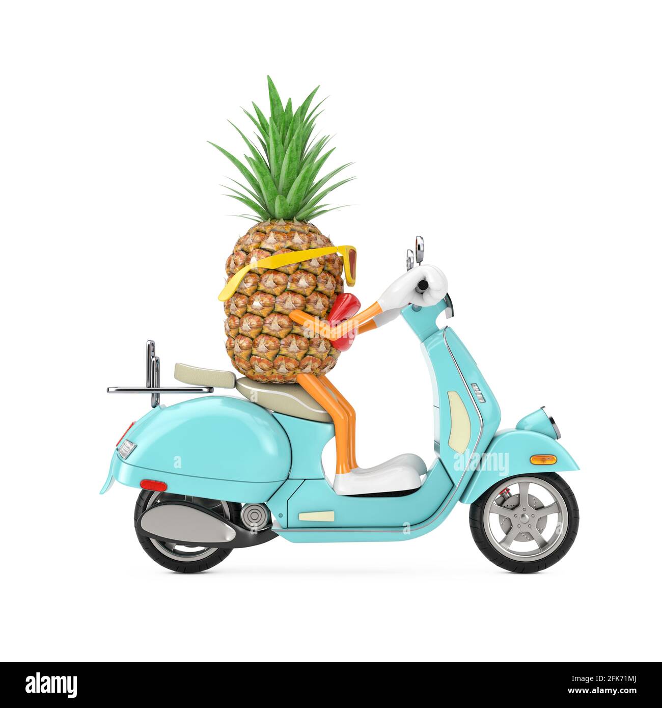 Fun Cartoon Fashion Hipster Schnitt Ananas Person Charakter Maskottchen Reiten Classic Vintage Retro oder Elektro-Scooter auf weißem Hintergrund. 3d-Rendering Stockfoto