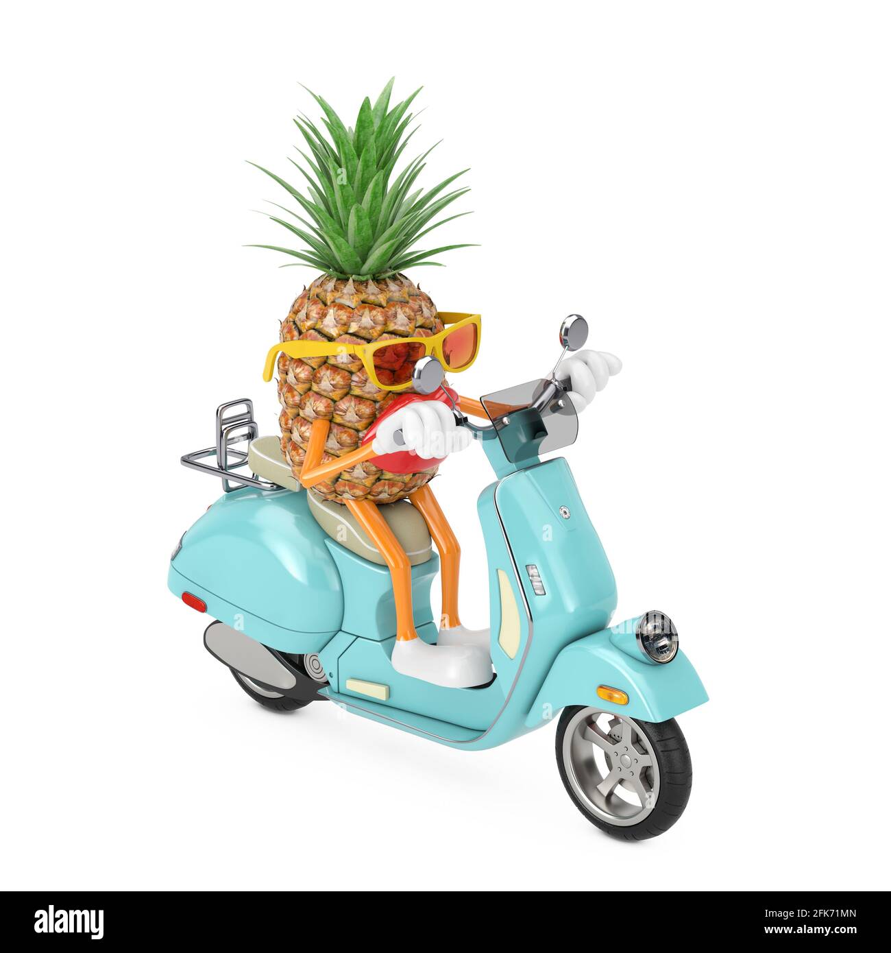Fun Cartoon Fashion Hipster Schnitt Ananas Person Charakter Maskottchen Reiten Classic Vintage Retro oder Elektro-Scooter auf weißem Hintergrund. 3d-Rendering Stockfoto