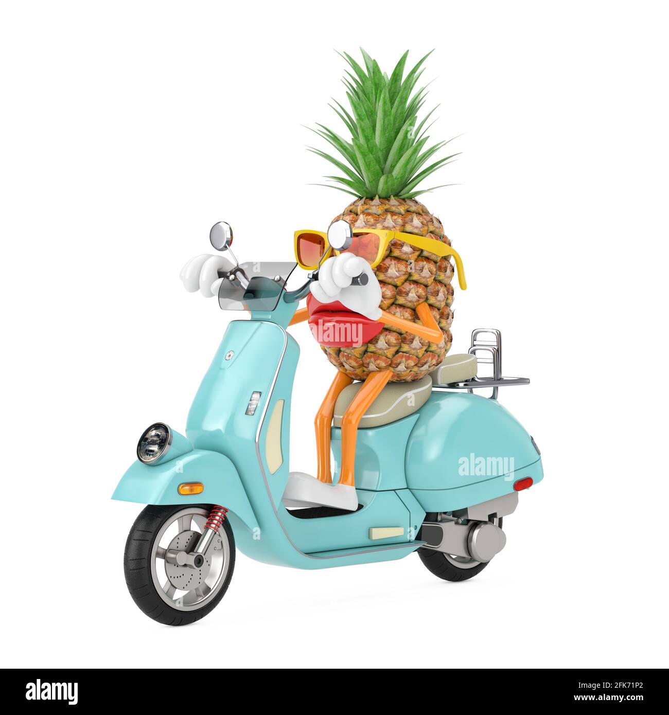 Fun Cartoon Fashion Hipster Schnitt Ananas Person Charakter Maskottchen Reiten Classic Vintage Retro oder Elektro-Scooter auf weißem Hintergrund. 3d-Rendering Stockfoto