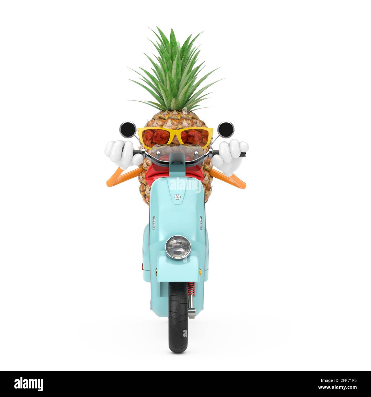 Fun Cartoon Fashion Hipster Schnitt Ananas Person Charakter Maskottchen Reiten Classic Vintage Retro oder Elektro-Scooter auf weißem Hintergrund. 3d-Rendering Stockfoto