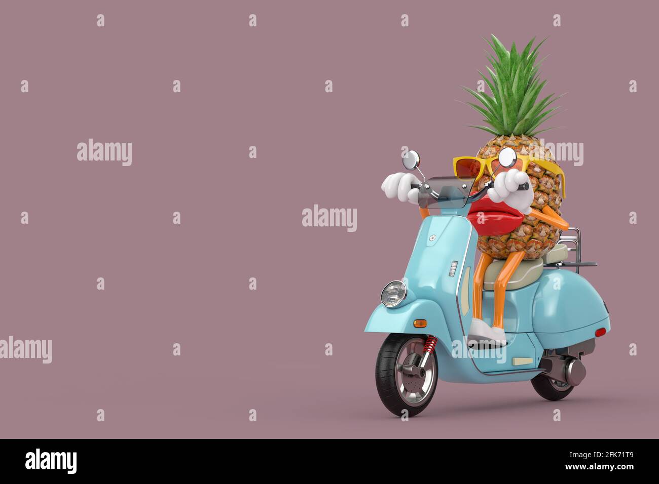 Fun Cartoon Fashion Hipster Schnitt Ananas Person Charakter Maskottchen Reiten Classic Vintage Retro oder Elektro-Scooter auf einem braunen Hintergrund. 3d-Rendering Stockfoto