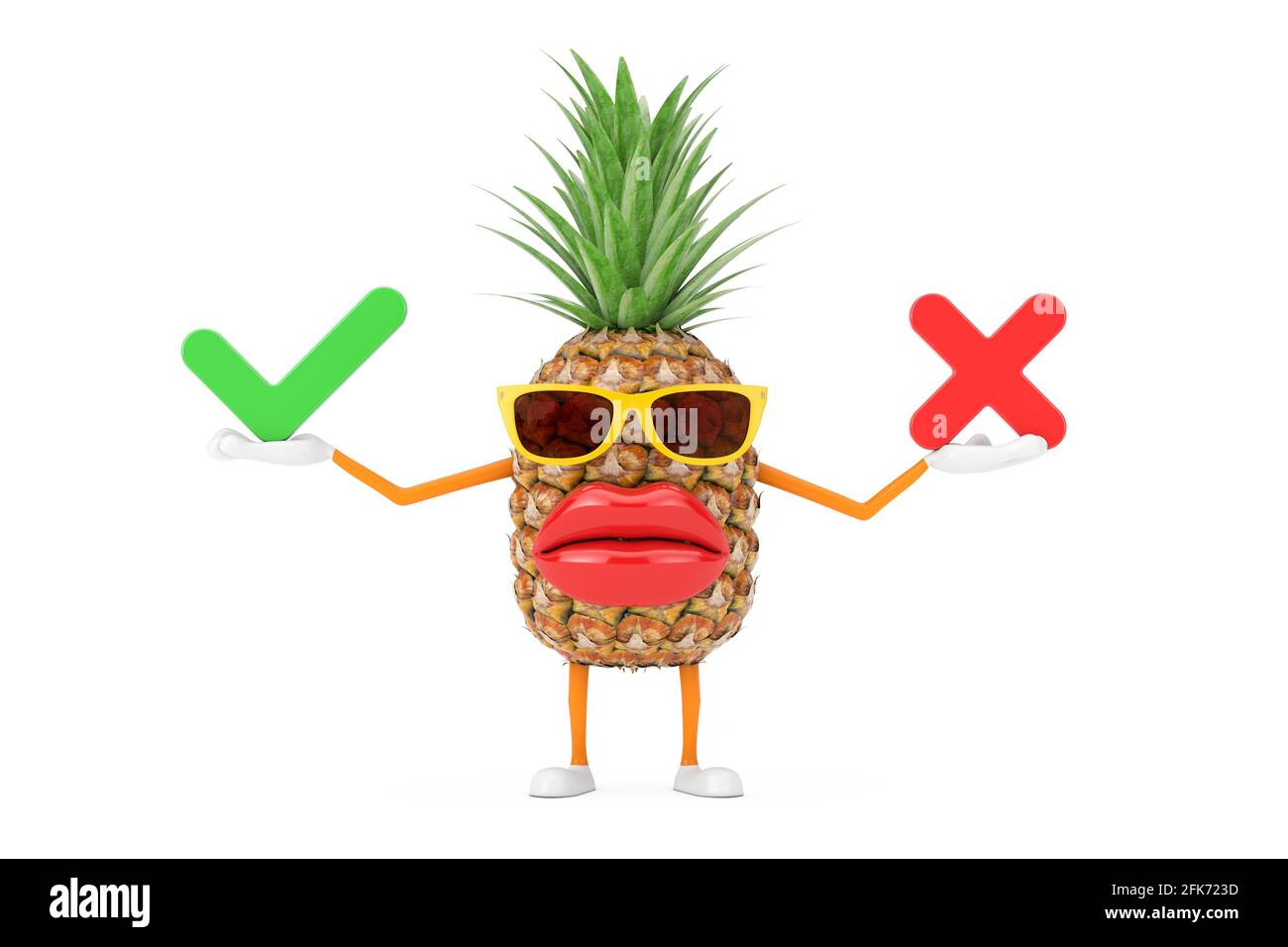 Fun Cartoon Fashion Hipster Schnitt Ananas Person Charakter Maskottchen mit rotem Kreuz und grünem Häkchen, bestätigen oder verweigern, Ja oder Nein Symbol Zeichen auf einem weißen Stockfoto