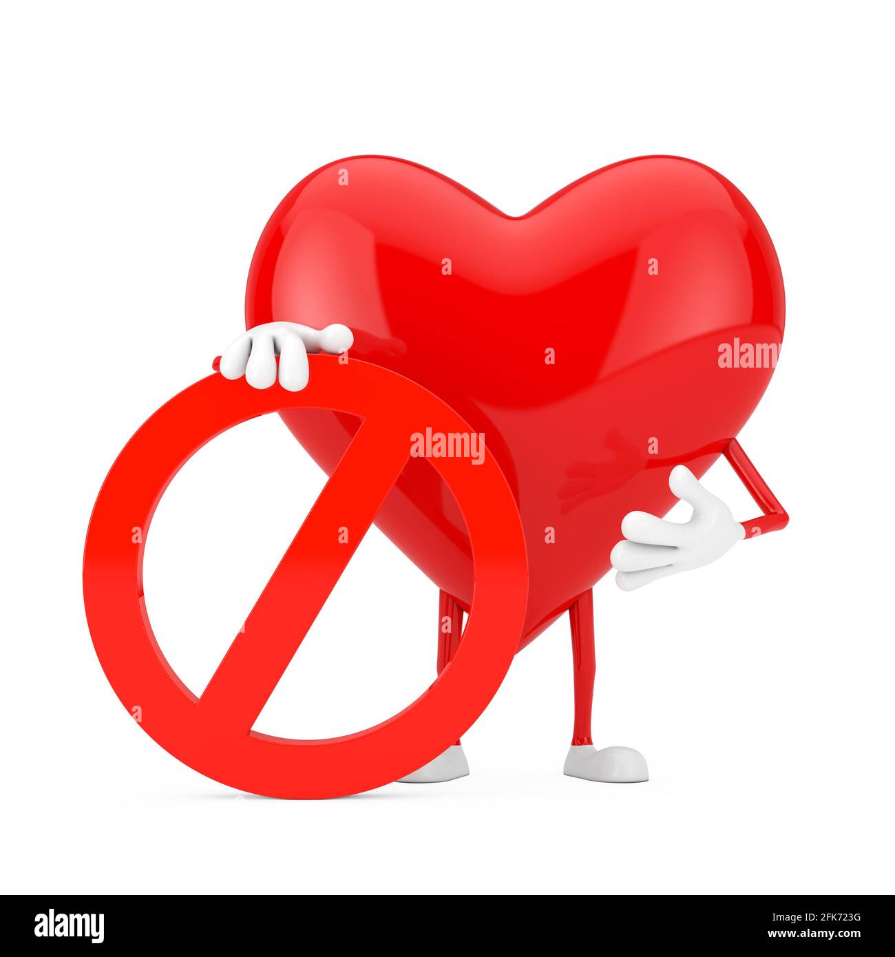 Maskottchen der Person mit rotem Herz und rotem Verbot oder Verbotenem Schild auf weißem Hintergrund. 3d-Rendering Stockfoto