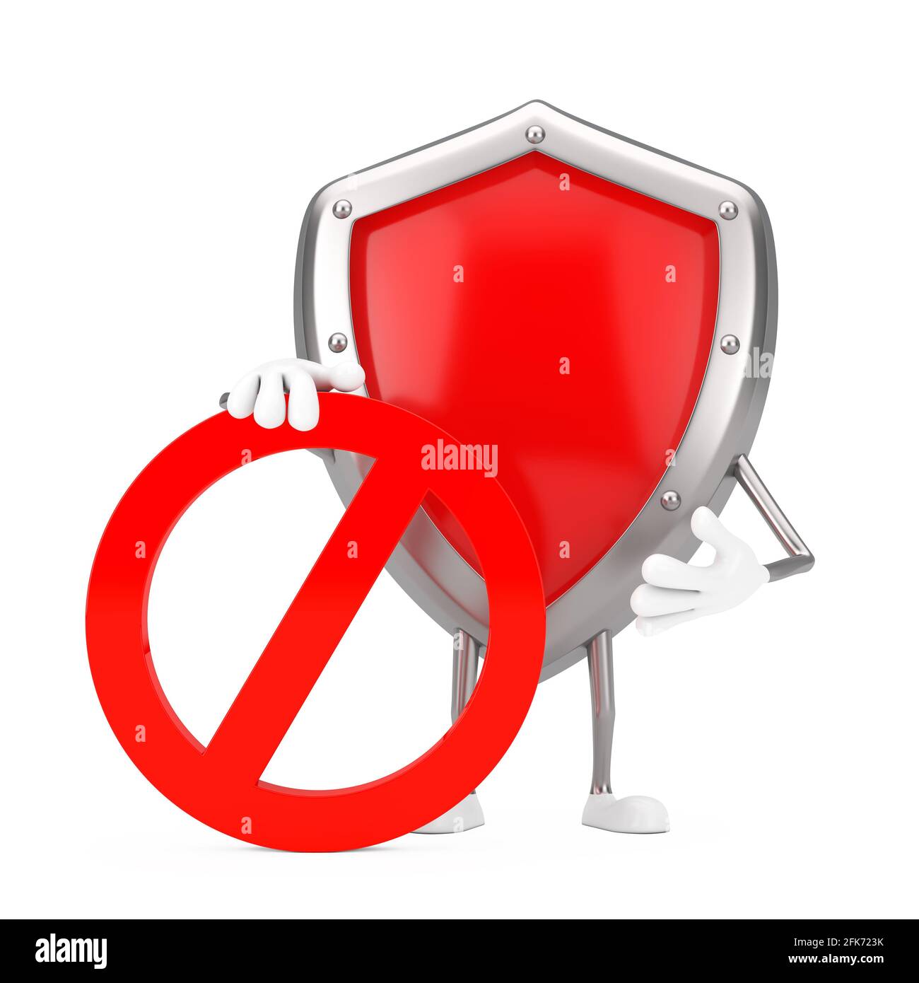 Schutzschild aus rotem Metall Personenfigur Maskottchen mit rotem Verbot oder Verbotenem Schild auf weißem Hintergrund. 3d-Rendering Stockfoto