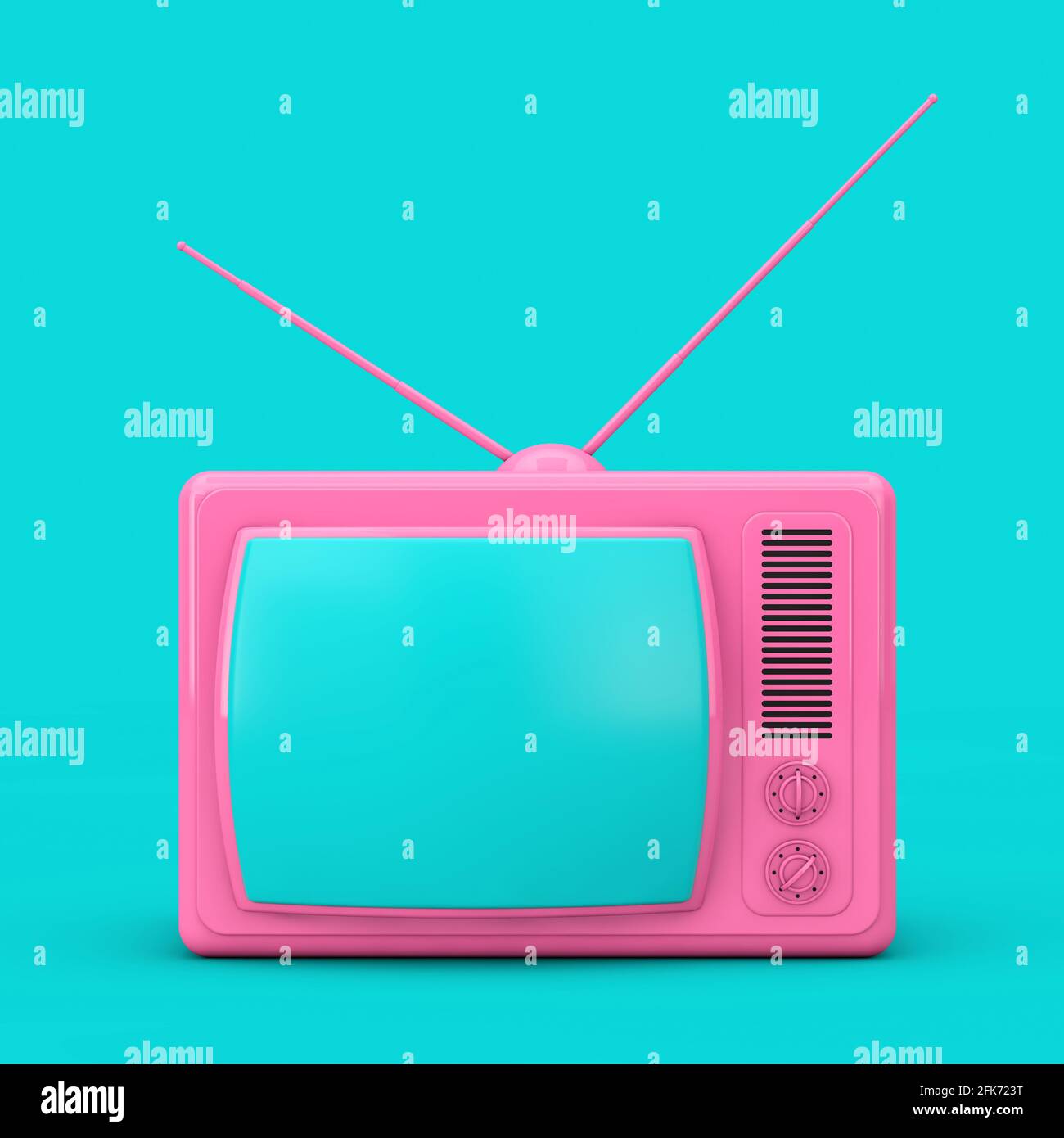 Pink Classic Vintage Fernseher im Duotone Style auf blauem Hintergrund. 3d-Rendering Stockfoto