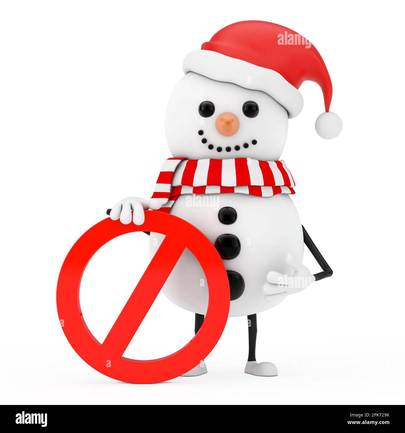 Schneemann in Weihnachtsmann Hut Person Figur Maskottchen mit rotem Verbot oder Verbotene Zeichen auf weißem Hintergrund. 3d-Rendering Stockfoto
