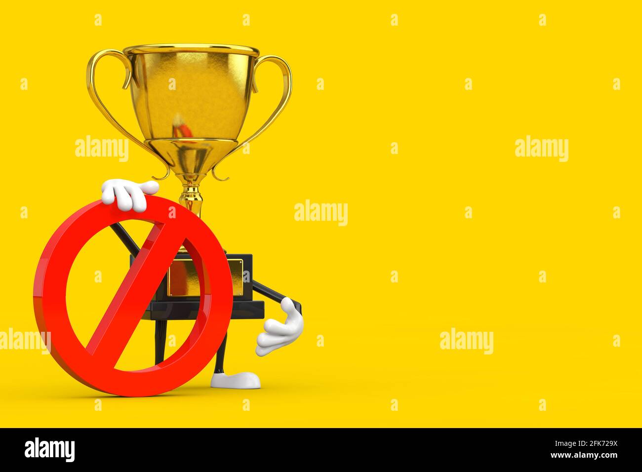 Maskottchen der Trophäe des Goldenen Gewinners mit rotem Verbot oder Verbotenem Schild auf gelbem Hintergrund. 3d-Rendering Stockfoto