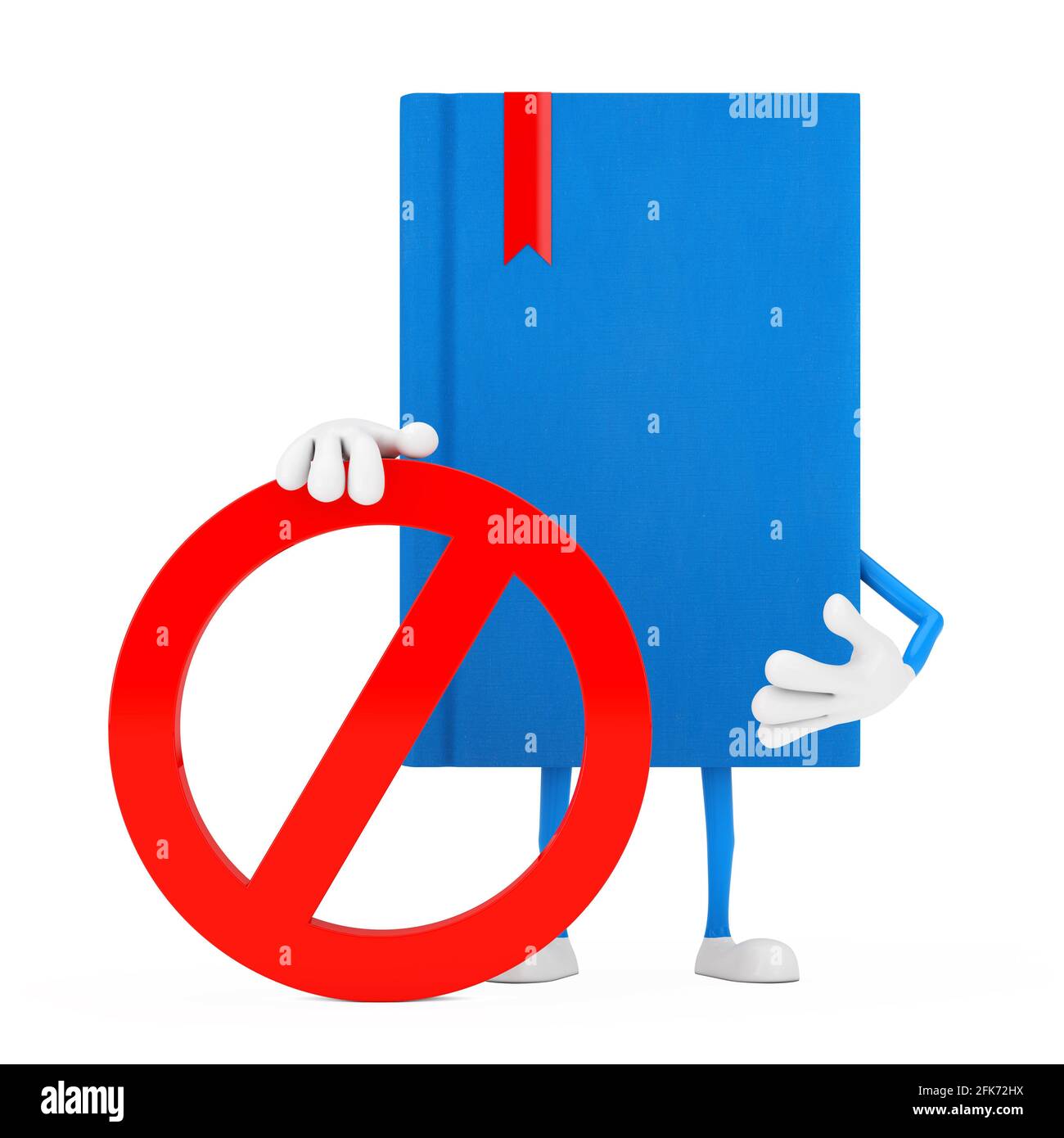 Maskottchen der blauen Buchperson mit rotem Verbot oder verbotenem Zeichen auf weißem Hintergrund. 3d-Rendering Stockfoto