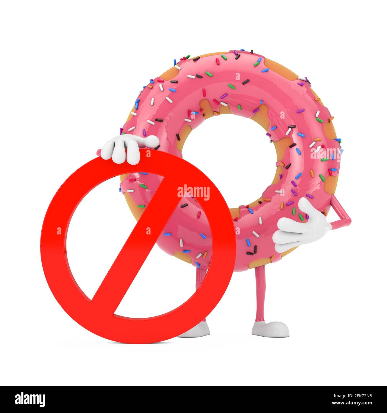 Big Strawberry Pink Glazed Donut Person Character Mascot mit rotem Verbot oder Verbotenem Zeichen auf weißem Hintergrund. 3d-Rendering Stockfoto