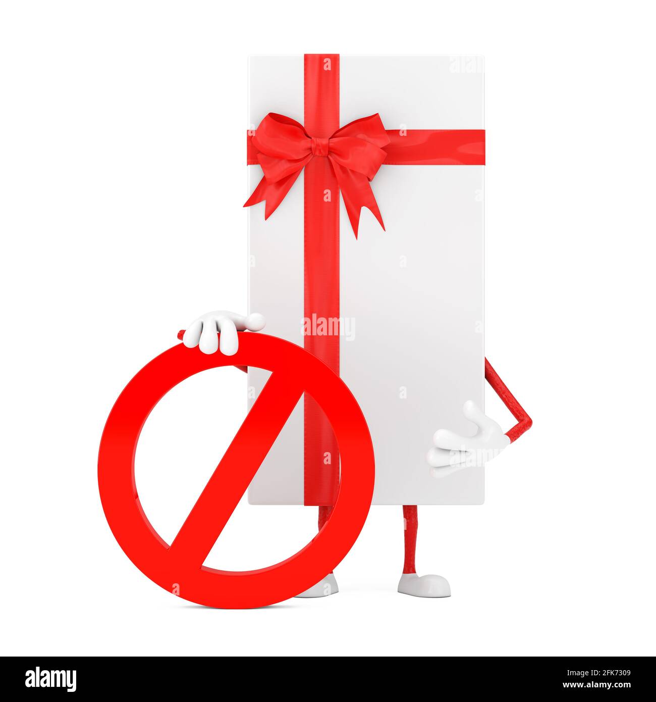 Weiße Geschenkschachtel und Maskottchen der roten Band-Person mit rotem Verbot oder verbotenem Schild auf weißem Hintergrund. 3d-Rendering Stockfoto