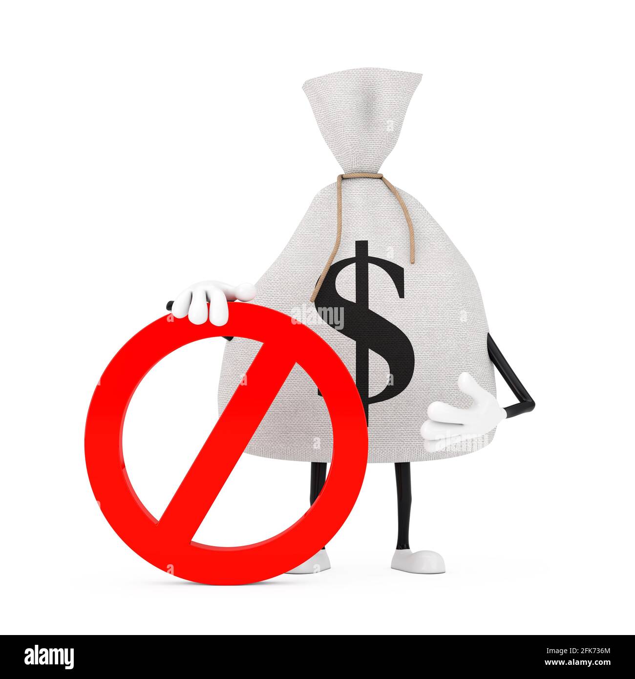 Gebunden Rustikale Leinwand Leinen Geld Sack oder Geldbeutel und Dollar Zeichen Person Maskottchen mit rotem Verbot oder Verbotene Zeichen auf einem weißen Hintergrund. Stockfoto
