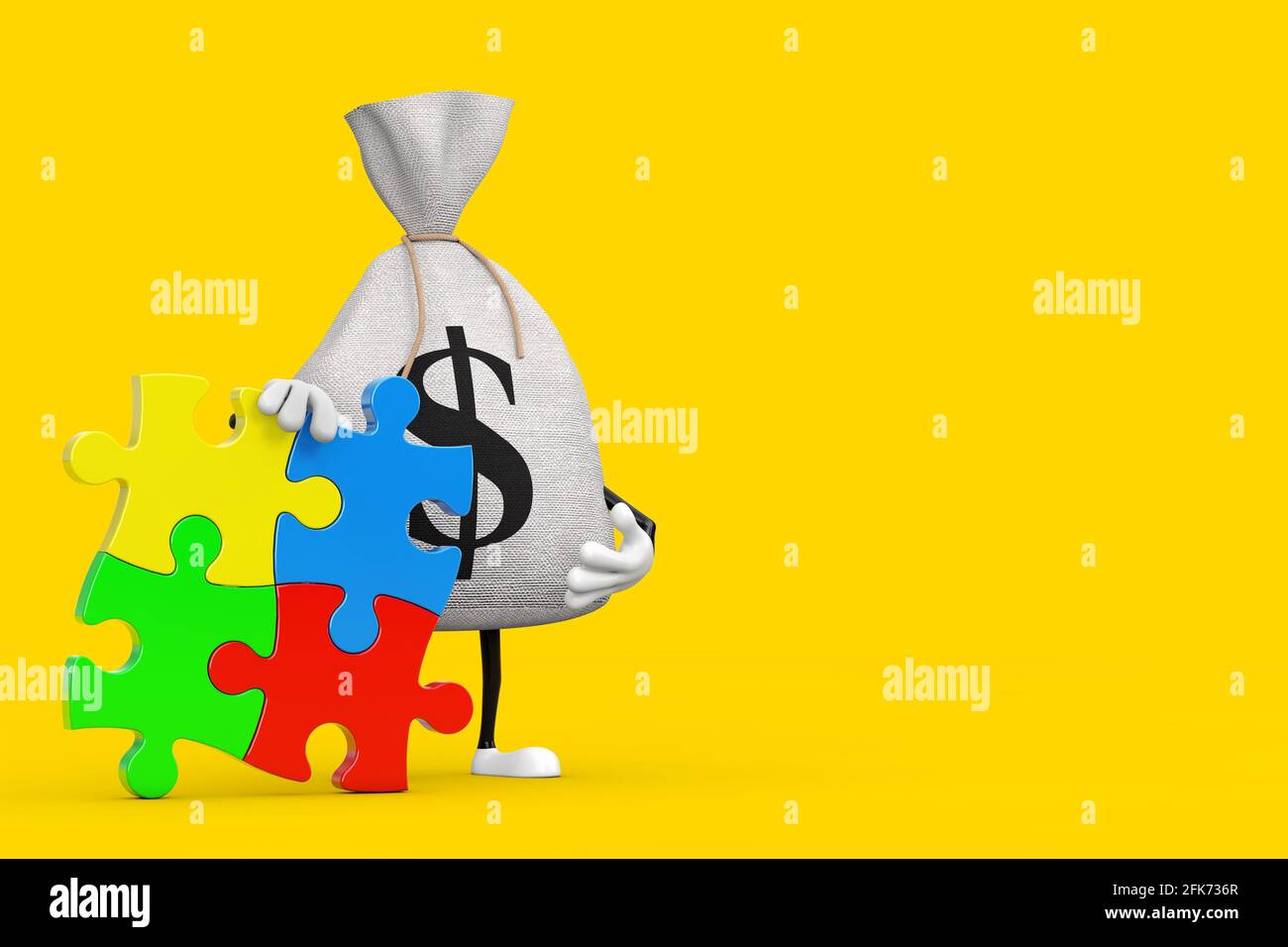 Gebunden Rustikale Leinwand Leinen Geld Sack oder Geldbeutel und Dollarzeichen Person Figur Maskottchen mit vier Stücken von bunten Puzzle auf einem gelben Backgr Stockfoto