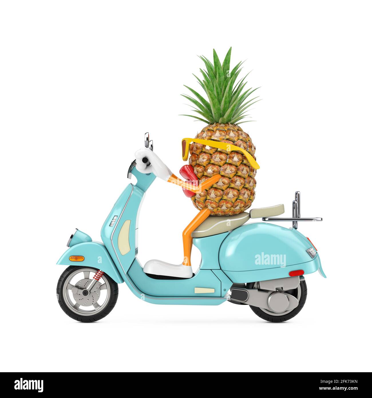 Fun Cartoon Fashion Hipster Schnitt Ananas Person Charakter Maskottchen Reiten Classic Vintage Retro oder Elektro-Scooter auf weißem Hintergrund. 3d-Rendering Stockfoto