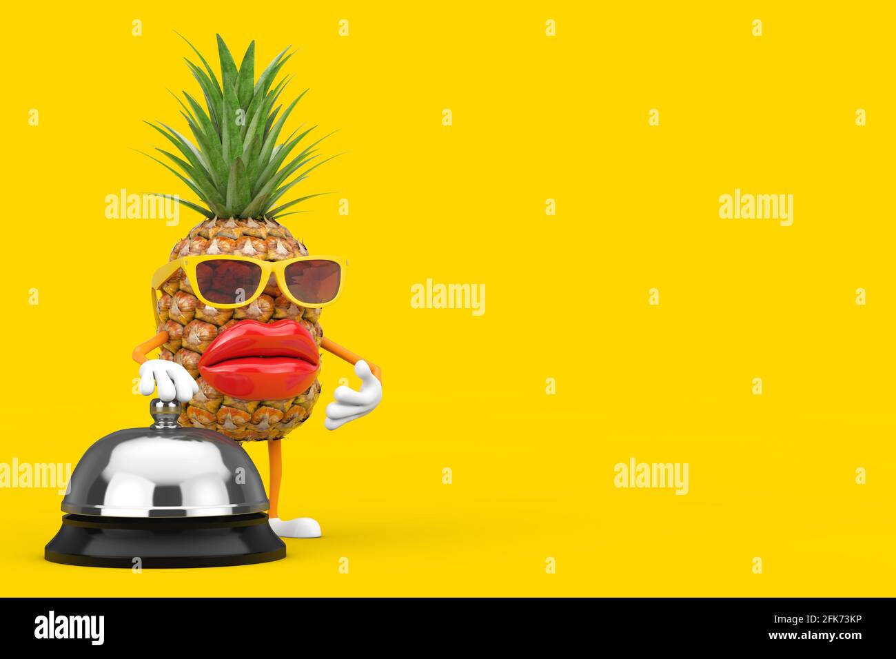 Fun Cartoon Fashion Hipster Schnitt Ananas Person Figur Maskottchen mit Hotel Service Bell Call auf einem gelben Hintergrund. 3d-Rendering Stockfoto