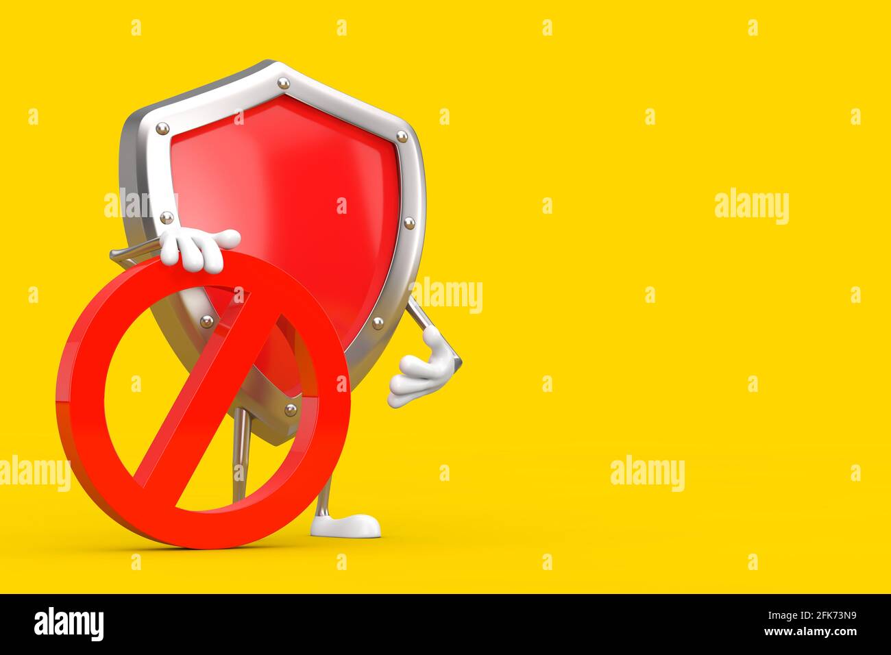 Schutzschild aus rotem Metall Personenfigur Maskottchen mit rotem Verbot oder Verbotenem Schild auf gelbem Hintergrund. 3d-Rendering Stockfoto