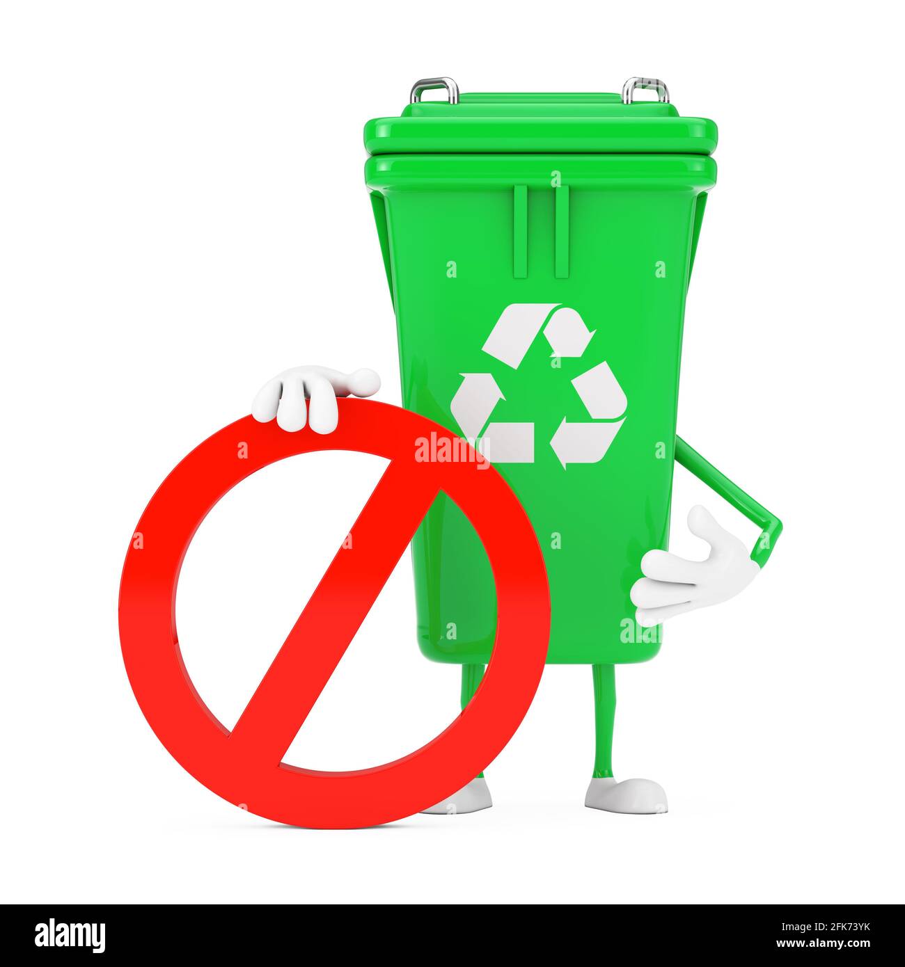Recycling-Zeichen Green Müll Papierkorb Person Charakter Maskottchen mit rotem Verbot oder Verbotene Zeichen auf einem weißen Hintergrund. 3d-Rendering Stockfoto
