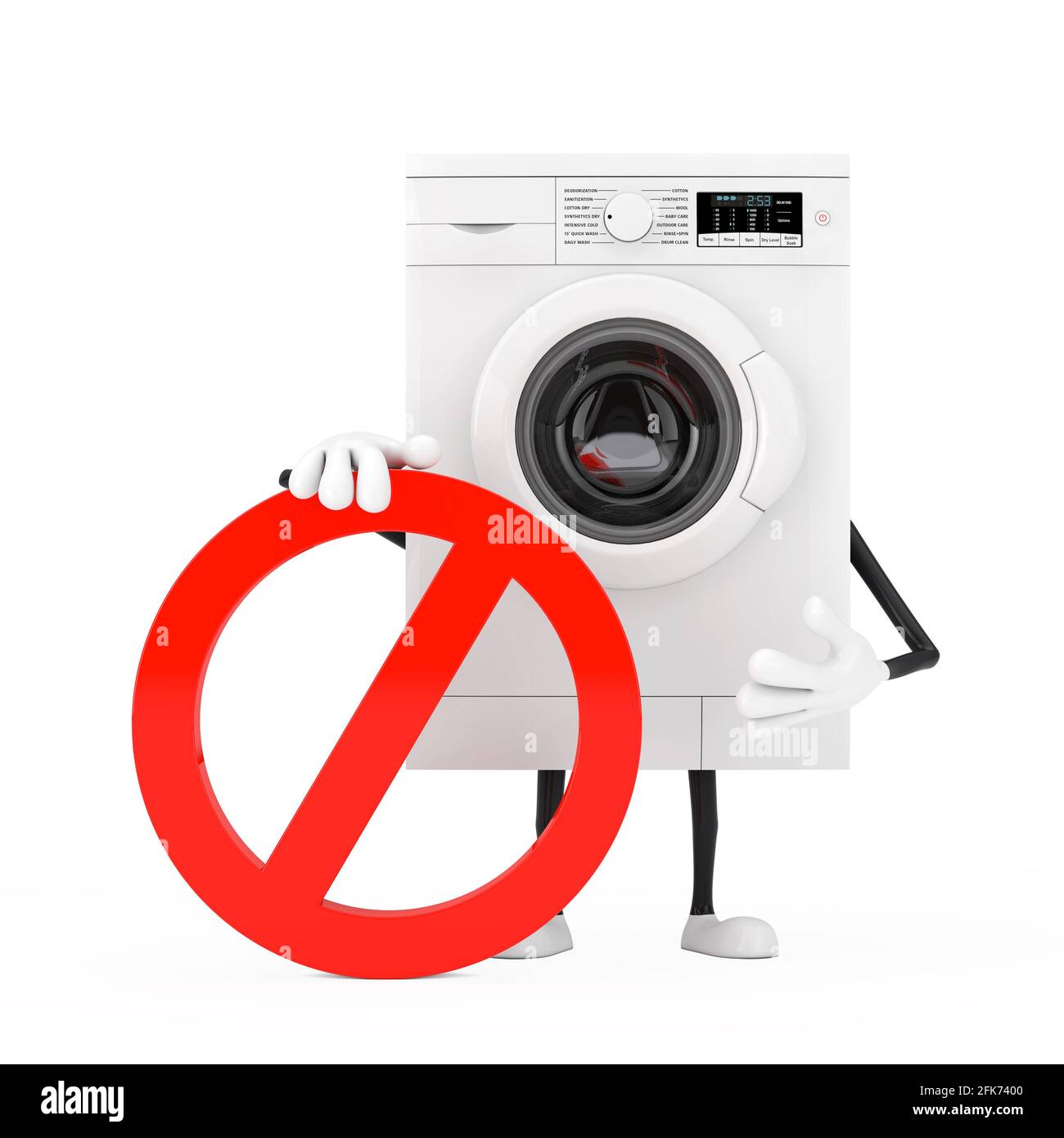 Modernes weißes Waschmaschinenfigur-Maskottchen mit rotem Verbot oder Verbotenem Schild auf weißem Hintergrund. 3d-Rendering Stockfoto