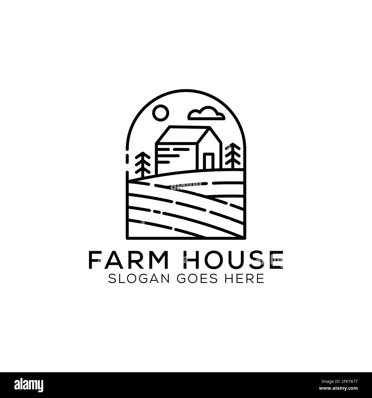 Skizzieren Farm House Logo Design Illustration. Landschaftsvektor für Natur Bauernhof Produkte. Umriss Logo Symbol Vektor Illustration. Stock Vektor