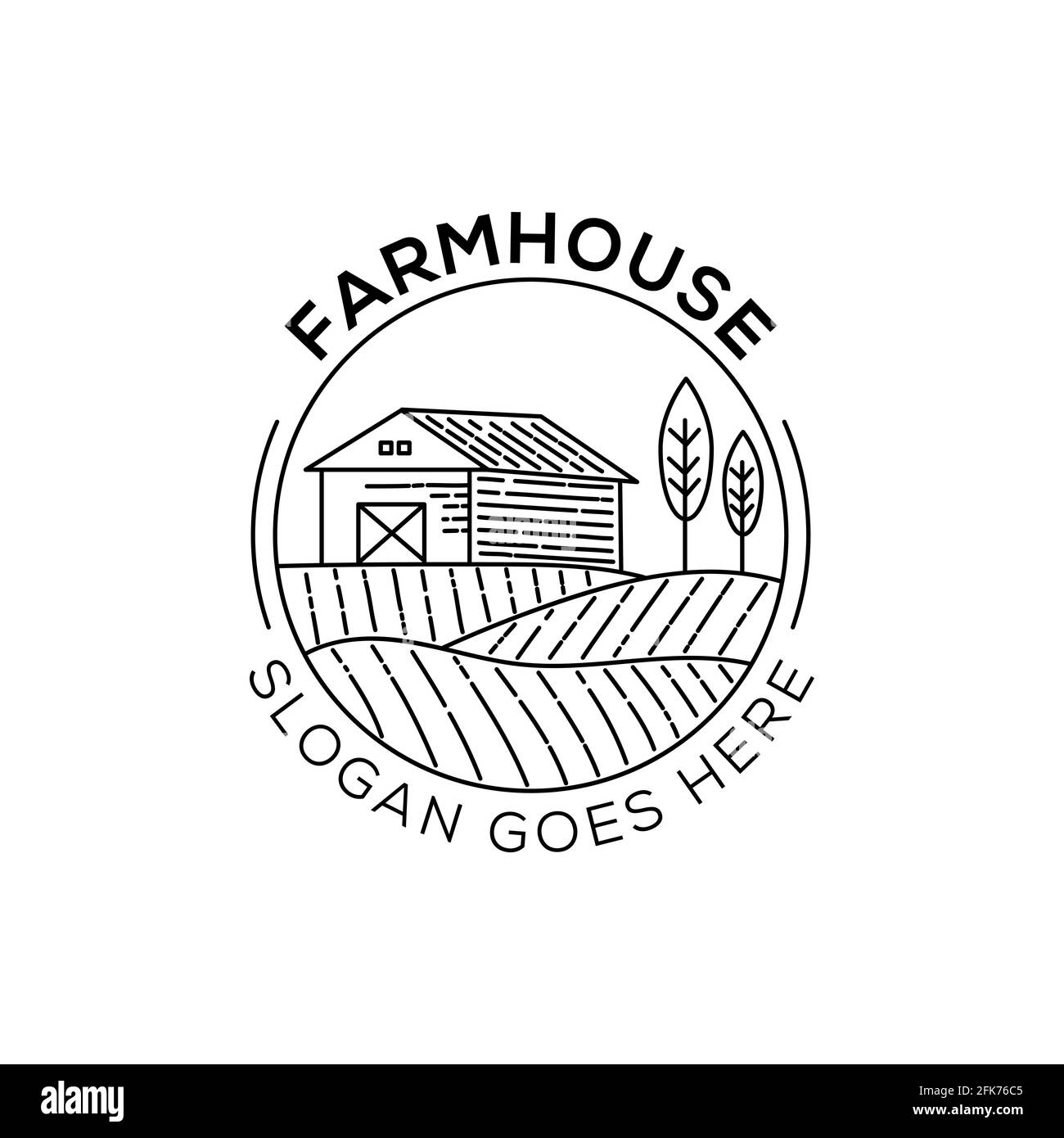Linie Art Farm House Logo Design Illustration. Landschaftsvektor für Natur Bauernhof Produkte. Umriss Logo Symbol Vektor Illustration. Stock Vektor