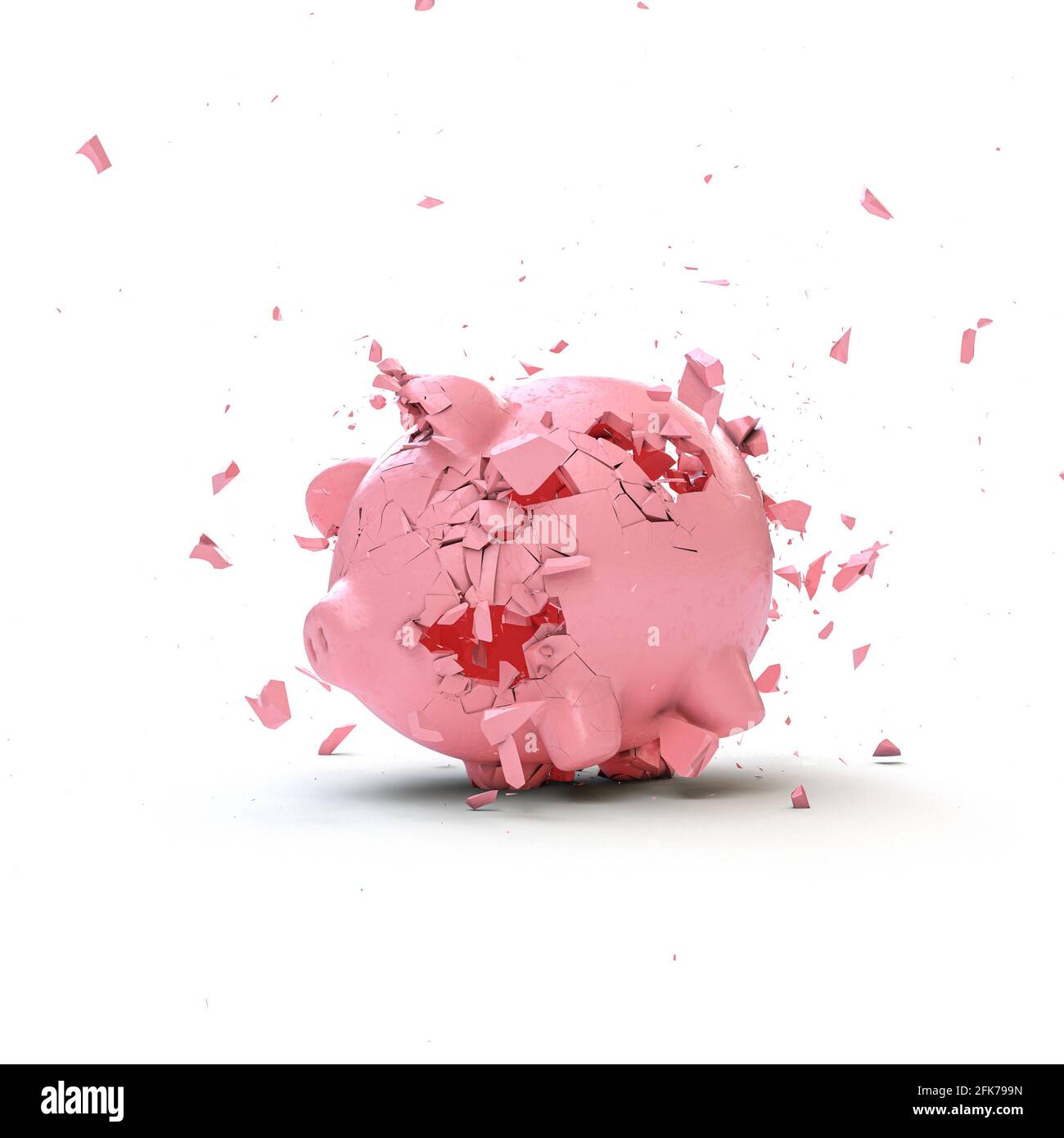 Sparschwein zerbricht zu Boden. 3d Render. Insolvenzkonzept Stockfoto