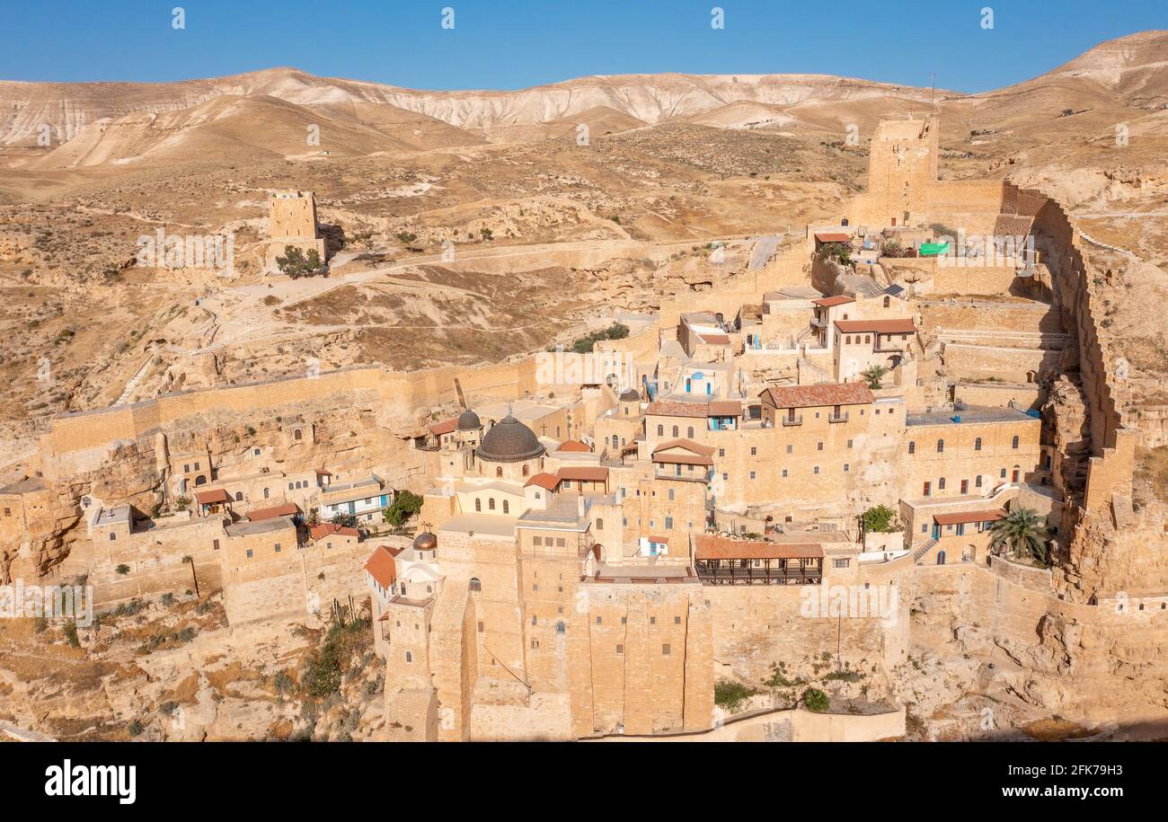 Mar Saba griechisch-orthodoxes Kloster in Israel Judaische Wüste, Luftansicht. Stockfoto