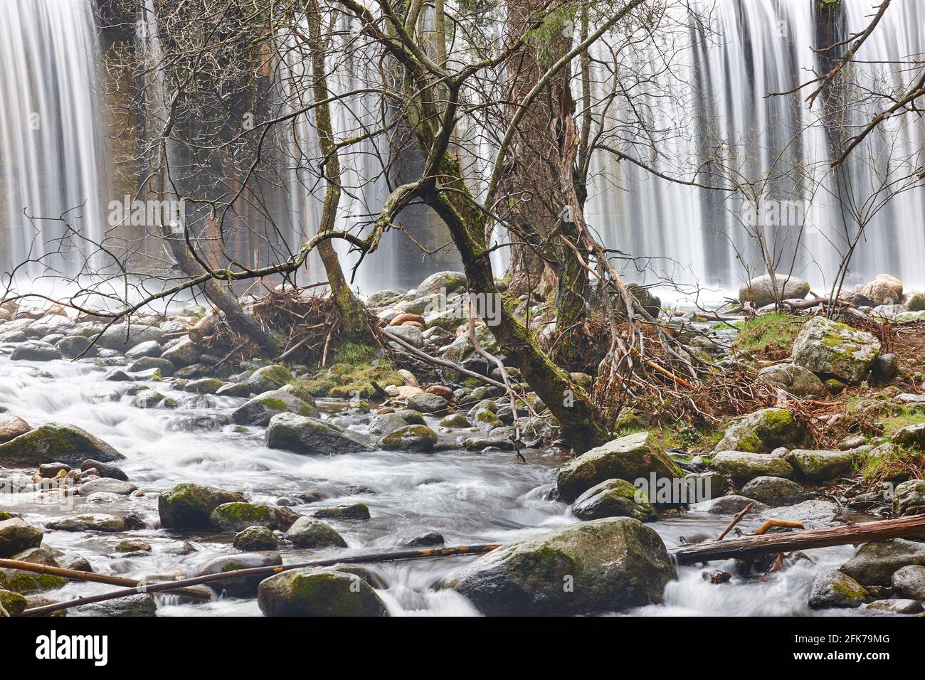 Waldbach und Wasserfall. Der Fluss Lozoya in Madrid. Spanien Stockfoto