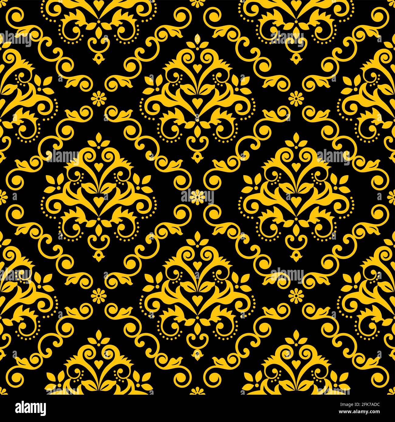 Klassische Damask Tapete oder Stoffmuster, königselegantes Textil Vektor nahtloses Design mit Blumen, Blättern und Wirbeln in Gold auf Schwarz Stock Vektor