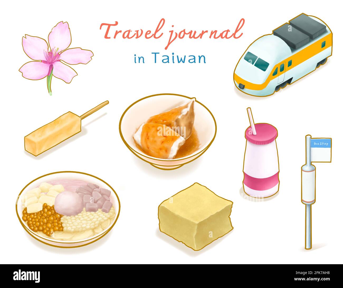 Travel Journal in Taiwan Sammlung, digitale Malerei von Sakura, Express-Zug, Bushaltestelle, Joghurt Getränk und taiwanesischen Essen isometrische Cartoon-Ikone rast Stockfoto