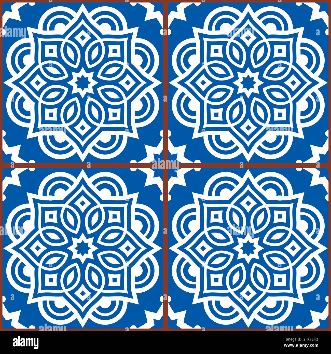 Marokkanische Mandala Fliesen nahtlose Vektor-Muster in weiß auf blauem Hintergrund, gometrische Ornamenttapete, Textil- oder Stoffdruck Dekor Stock Vektor