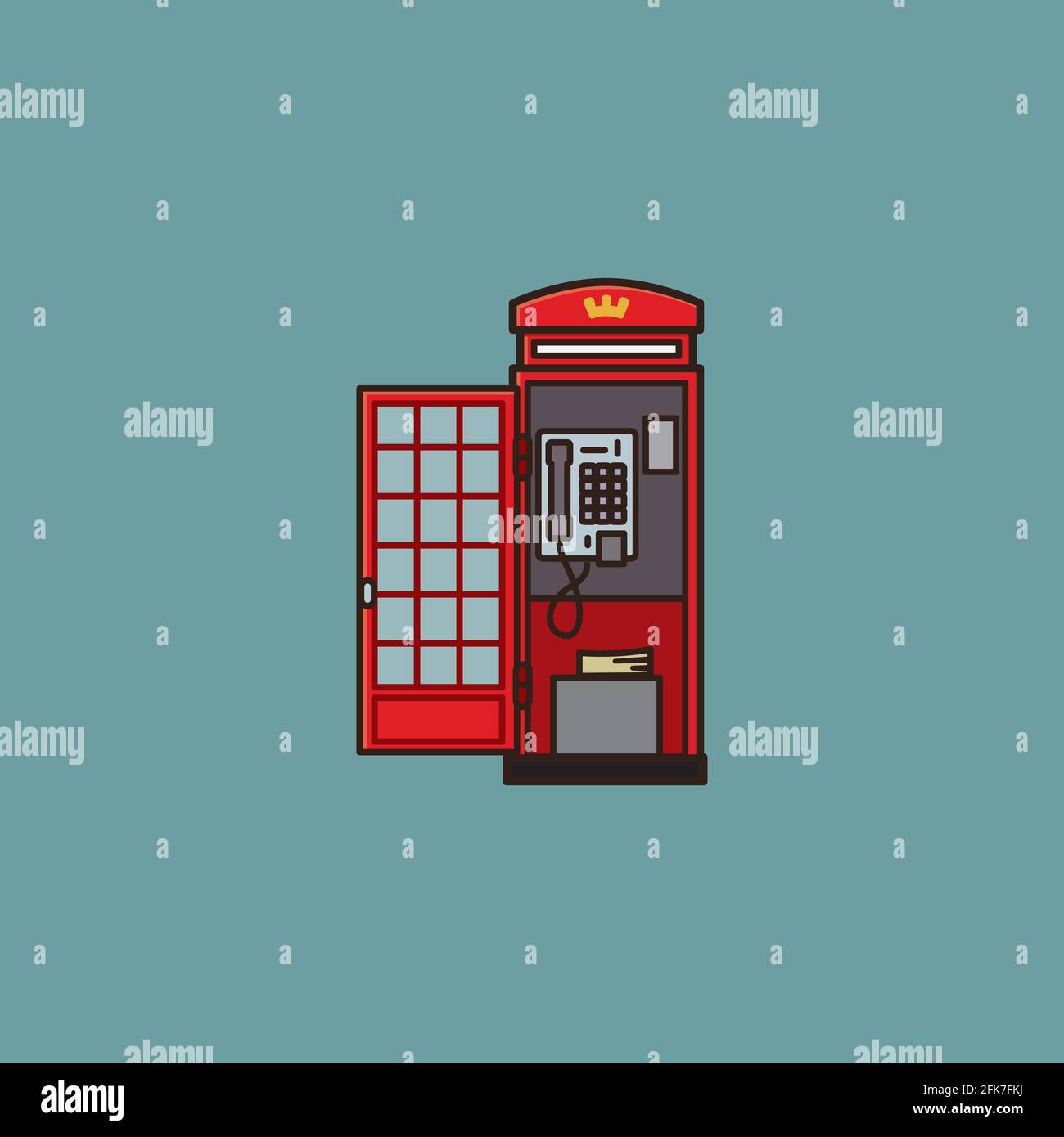 Eröffnetes rotes vintage London Telefonkastenvektor Illustration für Druckknopf-Telefon-Tag am 18. November. Telekommunikations- und Reisesymbol. Stock Vektor