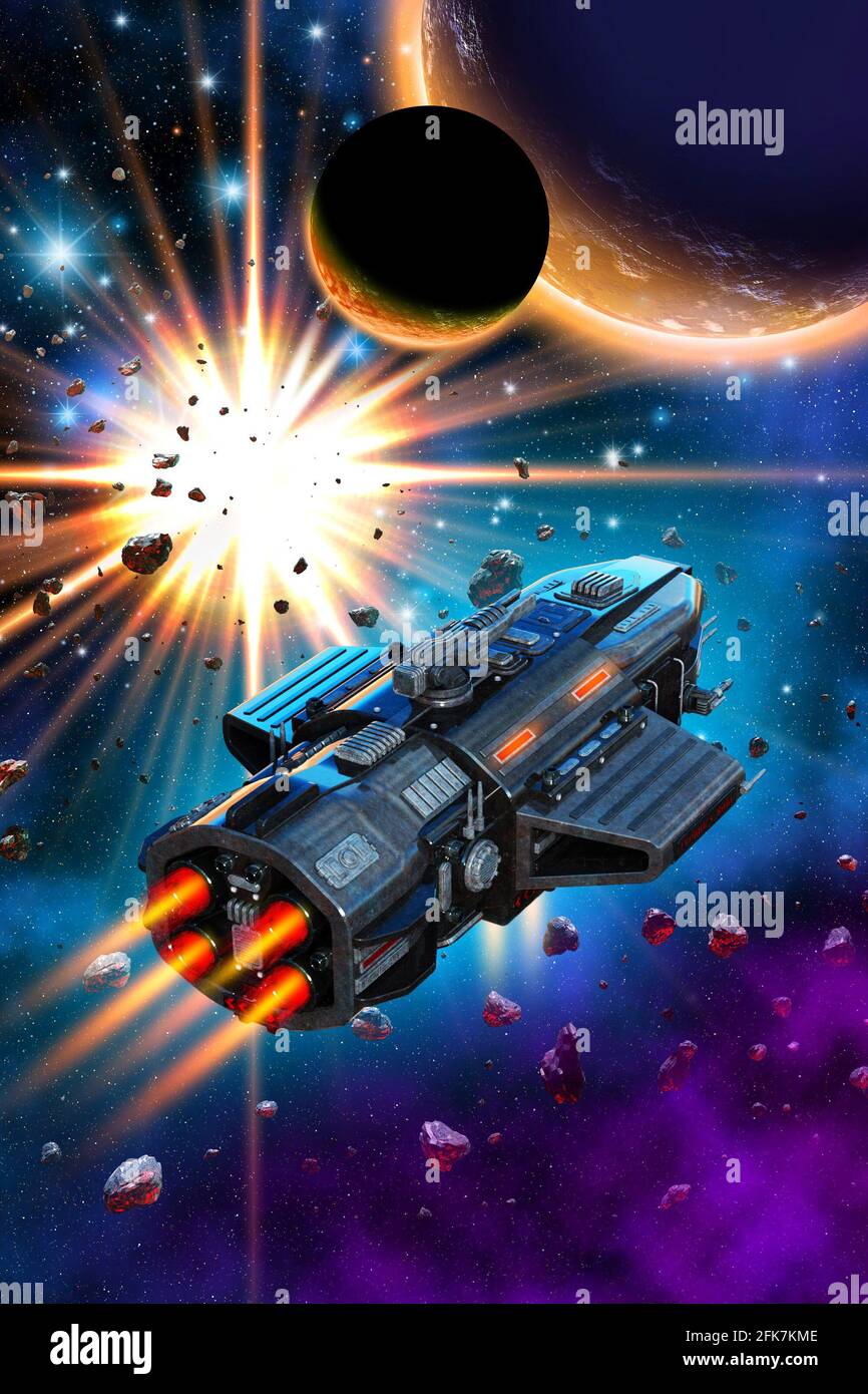 Raumschiff im Weltraum in der Nähe von außerirdischen Planetensystem, Supernova-Explosion, 3d-Illustration Stockfoto