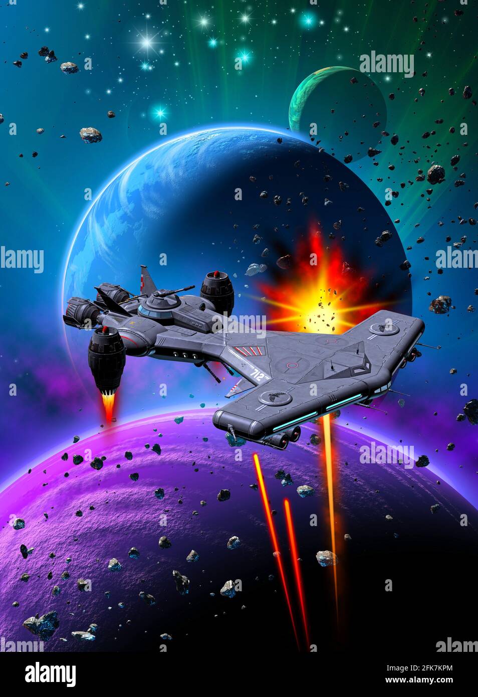 Weltraumschlacht um ein außerirdisches Planetensystem, 3d-Illustration Stockfoto