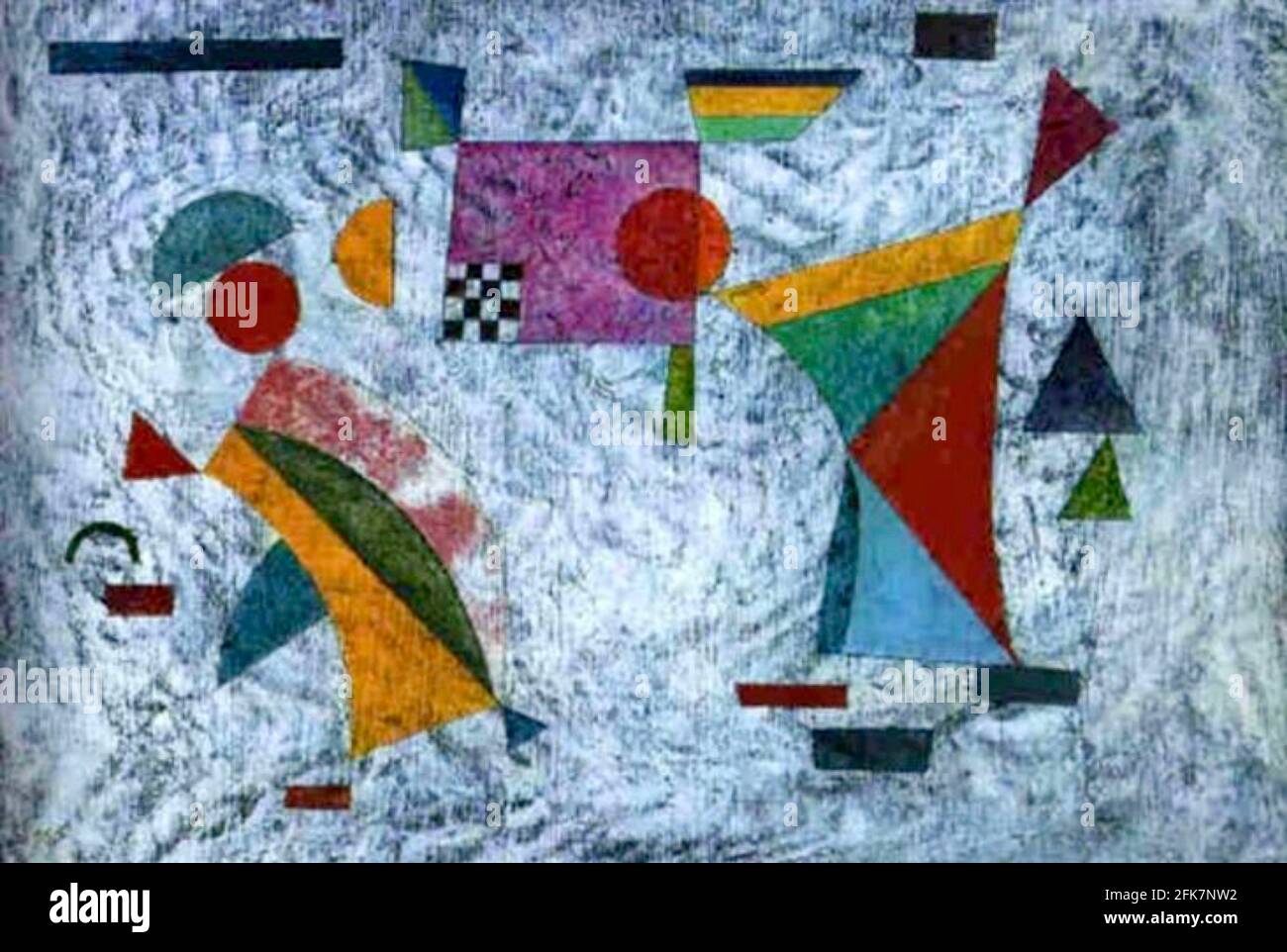 Kandinsky Kunstwerk zeigt zwei Figuren auf Eis spielen Eisstockschießen vielleicht. Schlittschuh auf dem dünnen Eis eines neuen Tages. Das könnte sein. Stockfoto